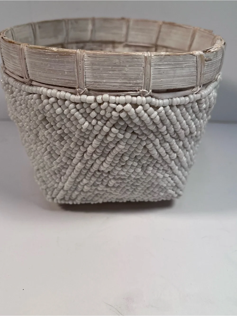 White Bamboo Beaded Trinket Basket